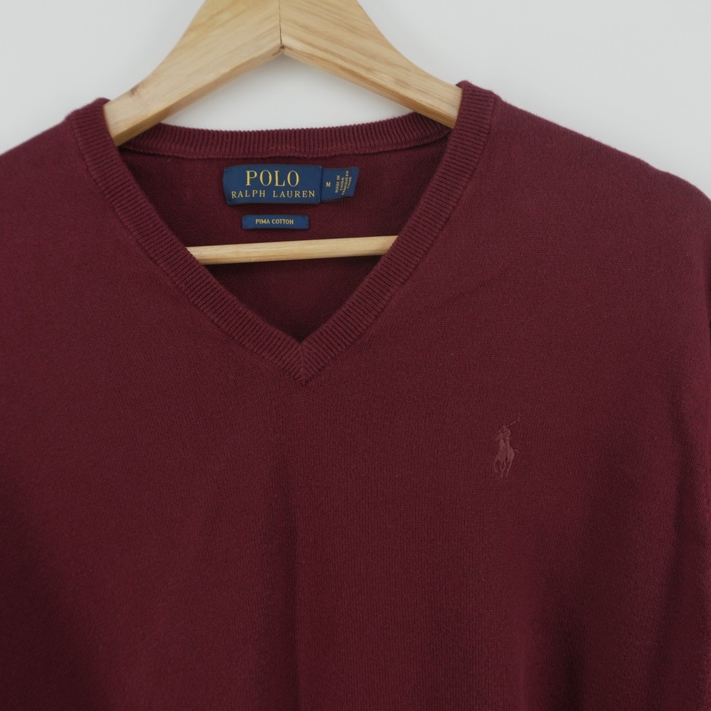 Polo Ralph Lauren V-Neck Sweater Mens M Burgundy Pima Cotton Pony Logo